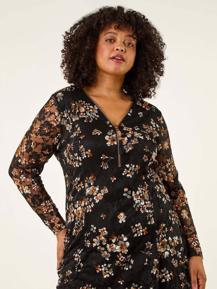 Roman Black Curve Zip Front Lace Blouse - Image 1 of 5