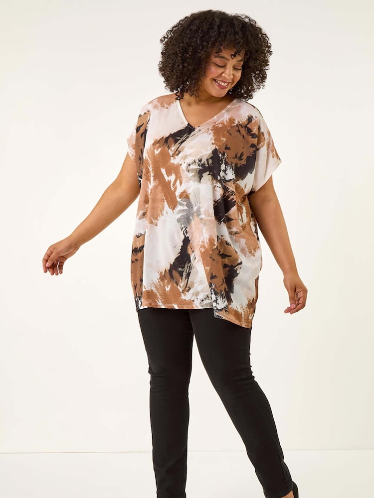 Roman Brown Curve Printed V-Neck Woven Tunic Top - Image 1 of 5