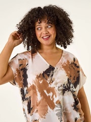 Roman Brown Curve Printed V-Neck Woven Tunic Top - Image 2 of 5