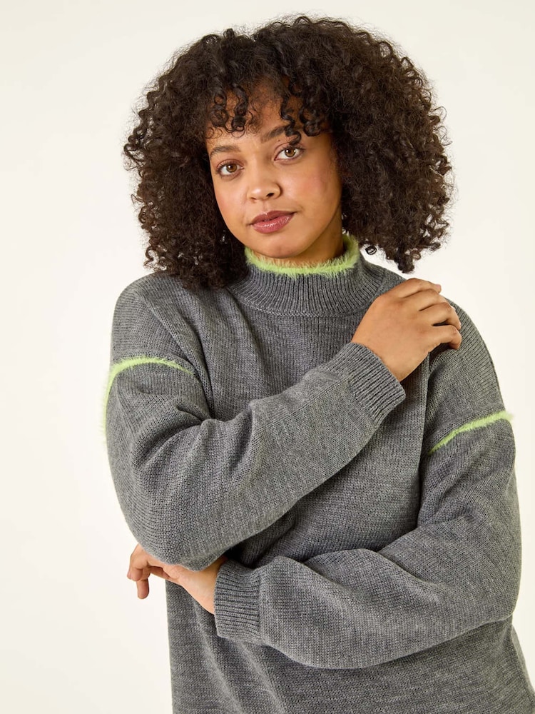 Roman Grey Curve Trim Detail Knit Jumper - Image 1 of 5 Roman Grey Curve Trim Detail Knit Jumper - Image 1 of 5