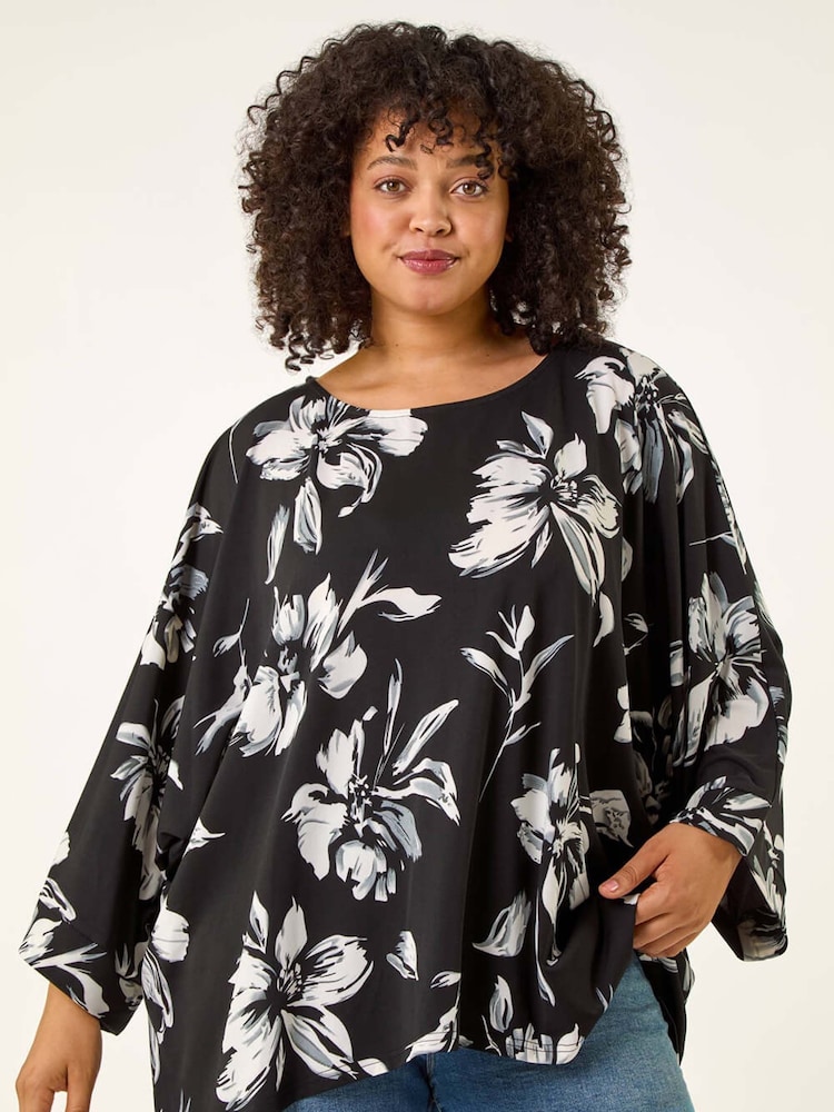 Roman Black Curve Floral Print Stretch Tunic Top - Image 1 of 5 Roman Black Curve Floral Print Stretch Tunic Top - Image 1 of 5