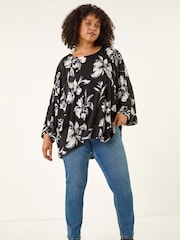 Roman Black Curve Floral Print Stretch Tunic Top - Image 2 of 5