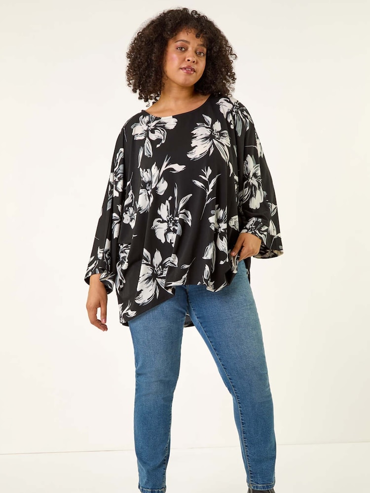 Roman Black Curve Floral Print Stretch Tunic Top - Image 2 of 5