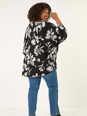 Roman Black Curve Floral Print Stretch Tunic Top - Image 3 of 5