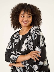 Roman Black Curve Floral Print Stretch Tunic Top - Image 4 of 5