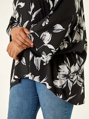 Roman Black Curve Floral Print Stretch Tunic Top - Image 5 of 5
