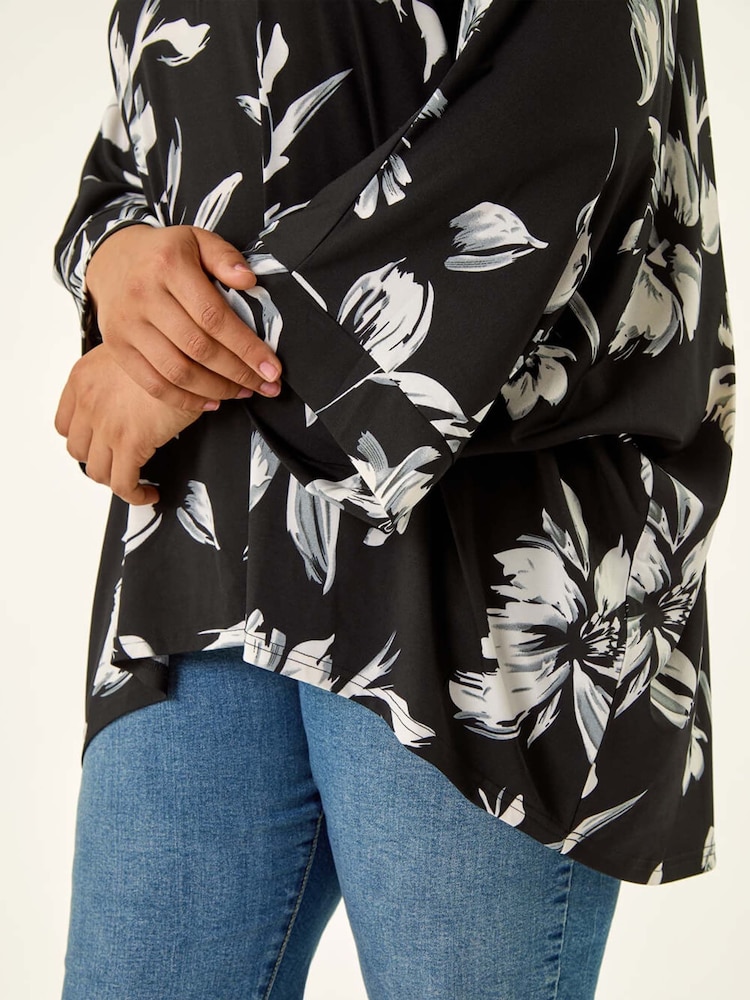 Roman Black Curve Floral Print Stretch Tunic Top - Image 5 of 5
