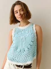 Light Blue Bow 100% Cotton Crochet Knitted Tank Top - Image 1 of 7