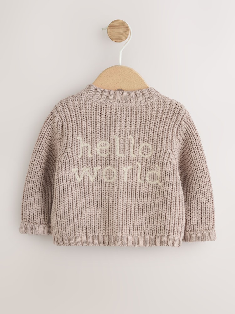 Neutral Hello World Knitted Embroidered Baby Cardigan - Image 2 of 7