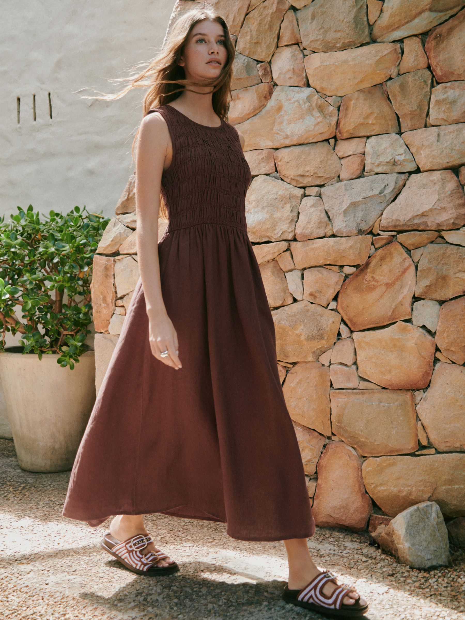 Womens Next Chocolate Brown N. Premium Shirred Midi Linen Summer Dress US 12