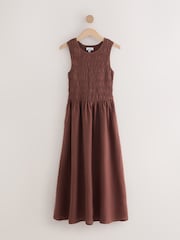 Chocolate Brown Linen Shirred Midi Summer Dress - Image 1 of 4