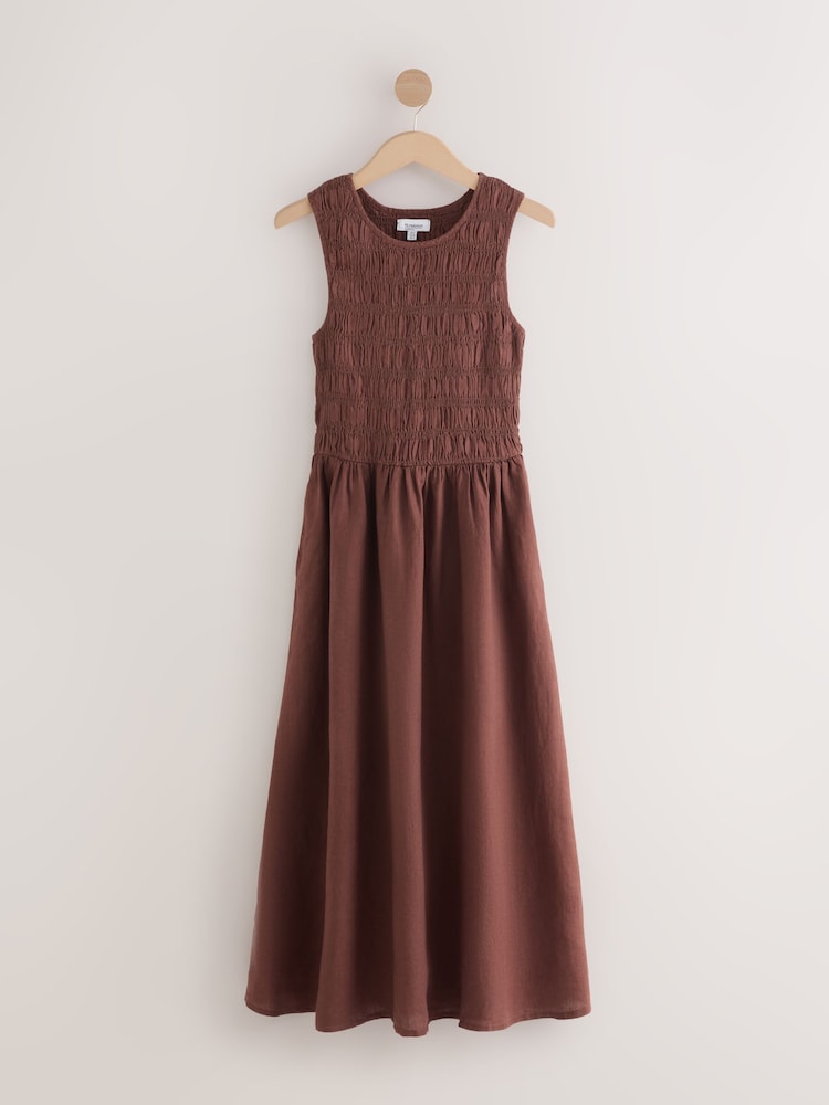 Chocolate Brown Linen Shirred Midi Summer Dress - Image 1 of 4 Chocolate Brown Linen Shirred Midi Summer Dress - Image 1 of 4