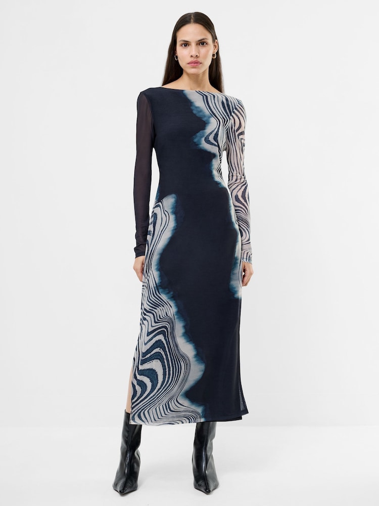 French Connection Blue Celeste Shuri Mesh Midi Dress - Image 1 of 4