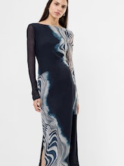 French Connection Blue Celeste Shuri Mesh Midi Dress - Image 3 of 4
