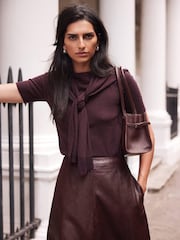 Mint Velvet Purple Burgundy Cotton Blend Scarf Detail Knit Top - Image 5 of 8