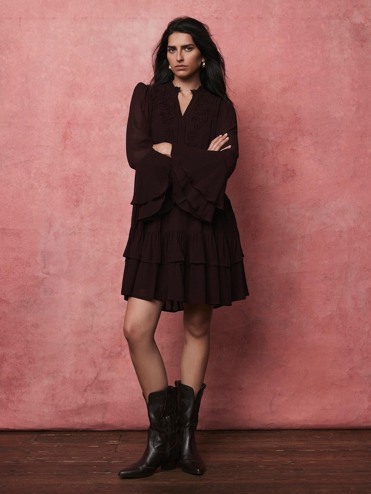 Mint Velvet Red Burgundy Ruffle Mini Dress - Image 1 of 8 Mint Velvet Red Burgundy Ruffle Mini Dress - Image 1 of 8
