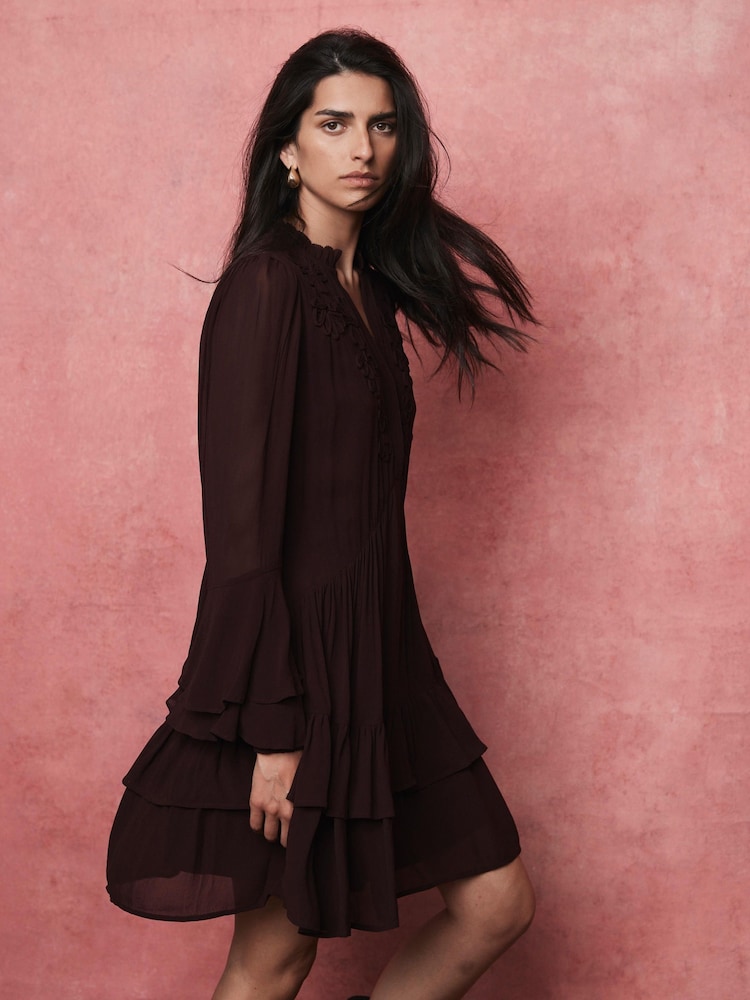 Mint Velvet Red Burgundy Ruffle Mini Dress - Image 2 of 8 Mint Velvet Red Burgundy Ruffle Mini Dress - Image 2 of 8
