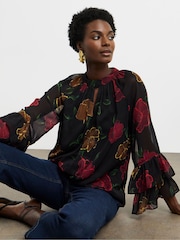 Joanna Hope Floral Print Ruffle Sleeve Chiffon Black Blouse - Image 1 of 4