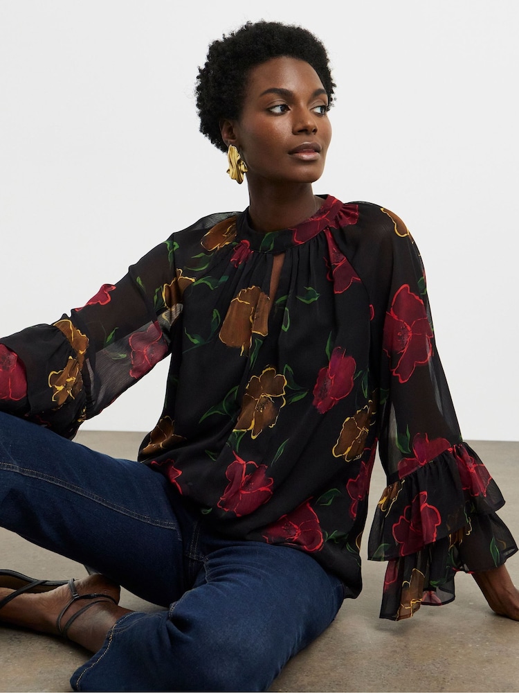 Joanna Hope Floral Print Ruffle Sleeve Chiffon Black Blouse - Image 1 of 4 Joanna Hope Floral Print Ruffle Sleeve Chiffon Black Blouse - Image 1 of 4