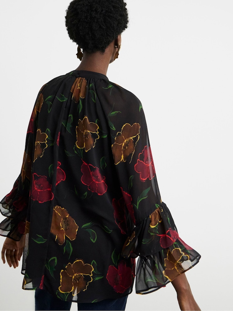 Joanna Hope Floral Print Ruffle Sleeve Chiffon Black Blouse - Image 2 of 4
