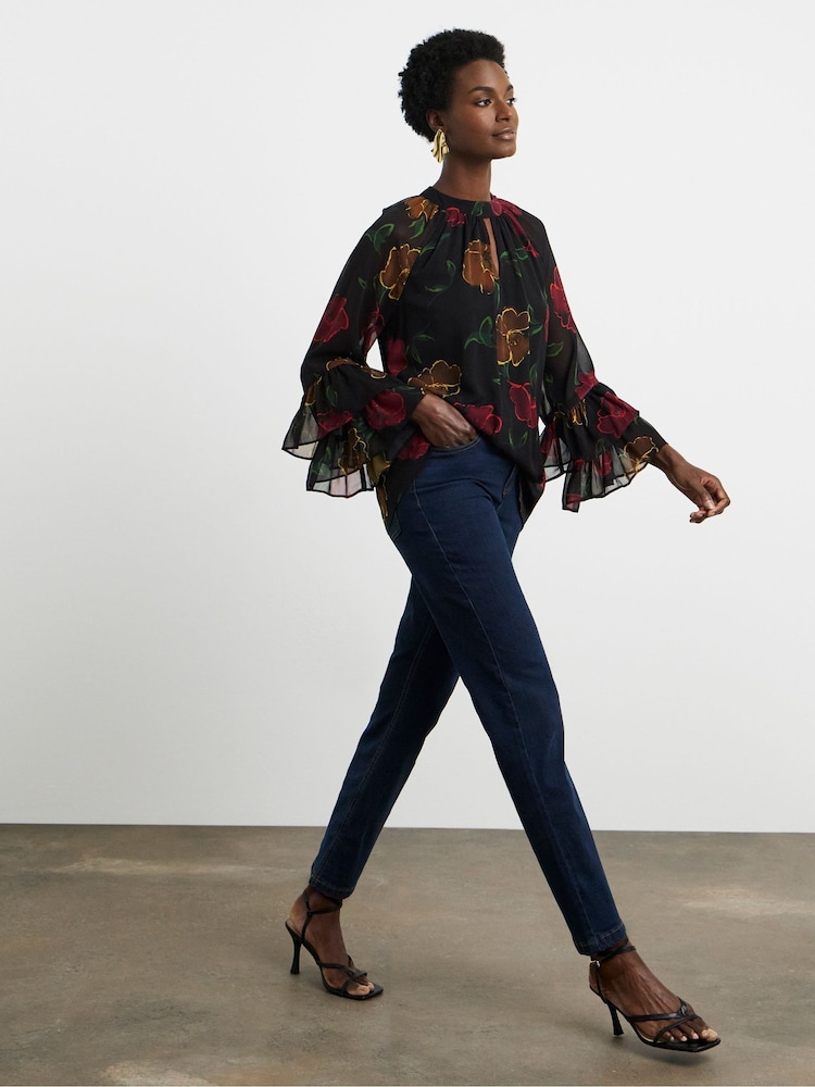 Joanna Hope Floral Print Ruffle Sleeve Chiffon Black Blouse - Image 4 of 4