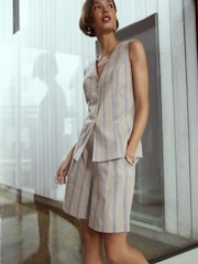 Blue/Beige Stripe N. Premium Linen Blend Knee Shorts - Image 1 of 8