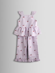 JoJo Maman Bébé Lilac Purple Cherry Embroidered Sleeveless Blouse and Trouser Set - Image 1 of 7
