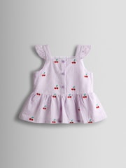 JoJo Maman Bébé Lilac Purple Cherry Embroidered Sleeveless Blouse and Trouser Set - Image 3 of 7