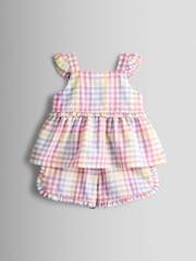 JoJo Maman Bébé White Rainbow Gingham Frill Detail Top & Short Set - Image 1 of 6