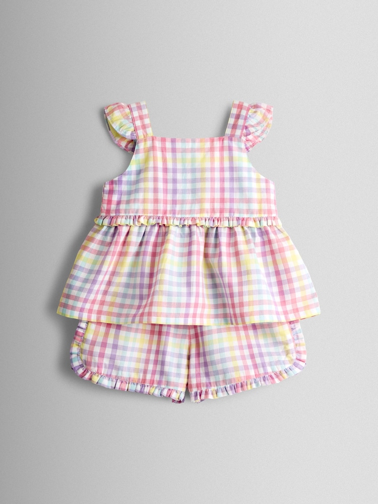 JoJo Maman Bébé White Rainbow Gingham Frill Detail Top & Short Set - Image 1 of 6