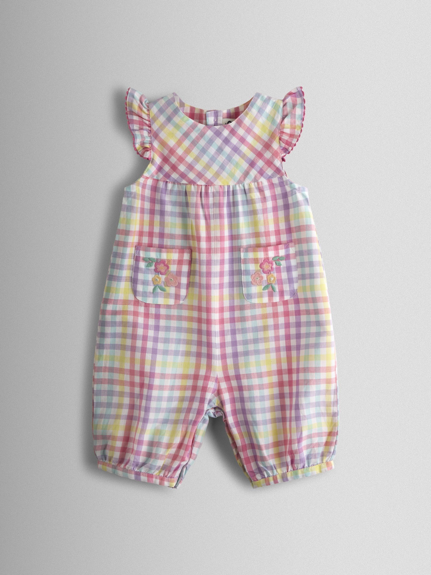 Jojo Maman Bébé Pink Gingham Ruffle Shoulder Romper