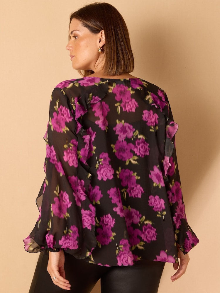 Live Unlimited Black Curve Floral Print V-Neck Ruffle Blouse - Image 8 of 8 Live Unlimited Black Curve Floral Print V-Neck Ruffle Blouse - Image 8 of 8