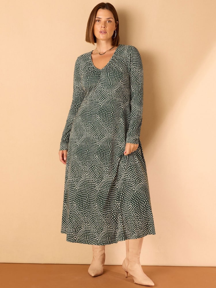 Live Unlimited Green Spot Print Gathered V-Neck Jersey Dress - Image 1 of 3