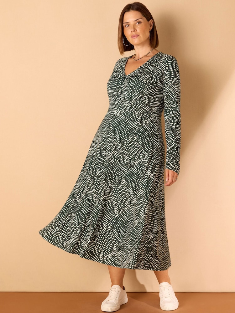 Live Unlimited Green Spot Print Gathered V-Neck Jersey Dress - Image 2 of 3 Live Unlimited Green Spot Print Gathered V-Neck Jersey Dress - Image 2 of 3