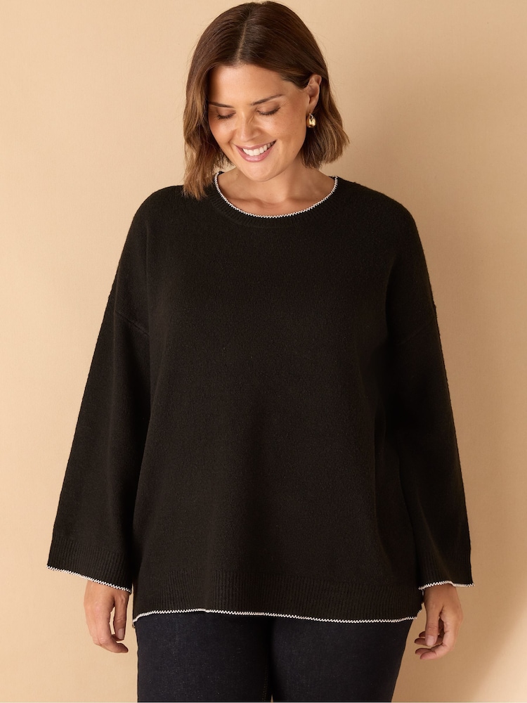 Live Unlimited Black Curve Crew Neck Contrast Stitch Jumper - Image 1 of 4 Live Unlimited Black Curve Crew Neck Contrast Stitch Jumper - Image 1 of 4