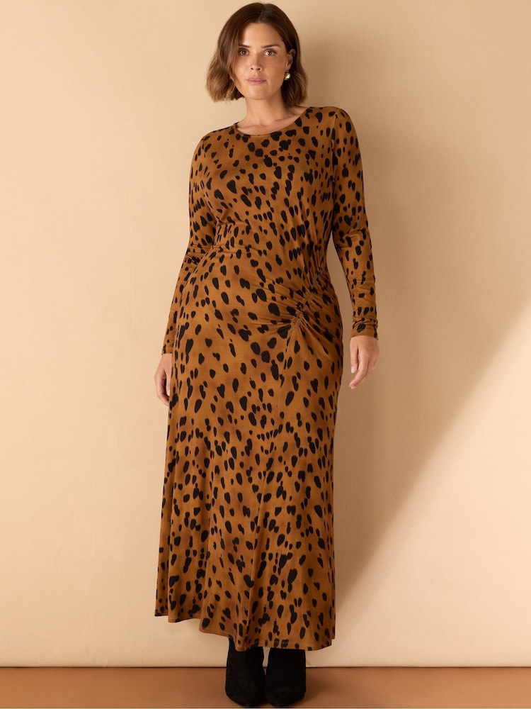 Live Unlimited Brown Curve Animal Print Ruched Jersey Dress - Image 1 of 1