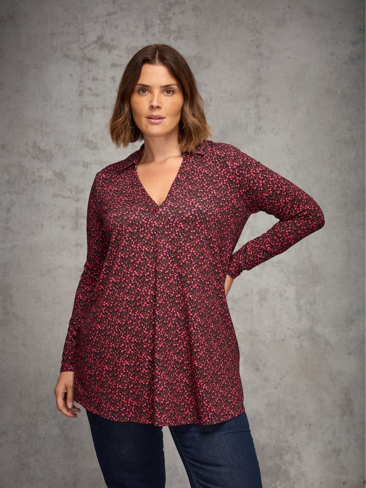 Live Unlimited Red Curve Ditsy Polo Collar V-Neck Tunic - Image 1 of 3