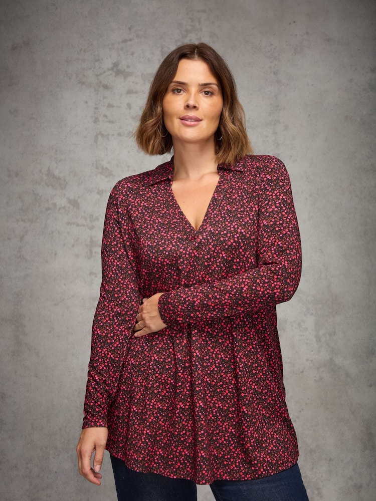 Live Unlimited Red Curve Ditsy Polo Collar V-Neck Tunic - Image 2 of 3