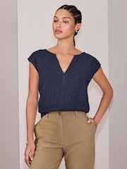 Navy Short Sleeve Texture Notch Neck Top - Image 1 of 7