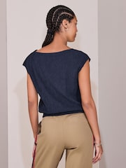 Navy Short Sleeve Texture Notch Neck Top - Image 3 of 7