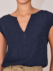 Navy Short Sleeve Texture Notch Neck Top - Image 4 of 7