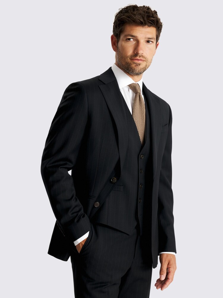 MOSS Tailored Fit Navy Blue Brown Stripe Performance Jacket - Image 6 of 6