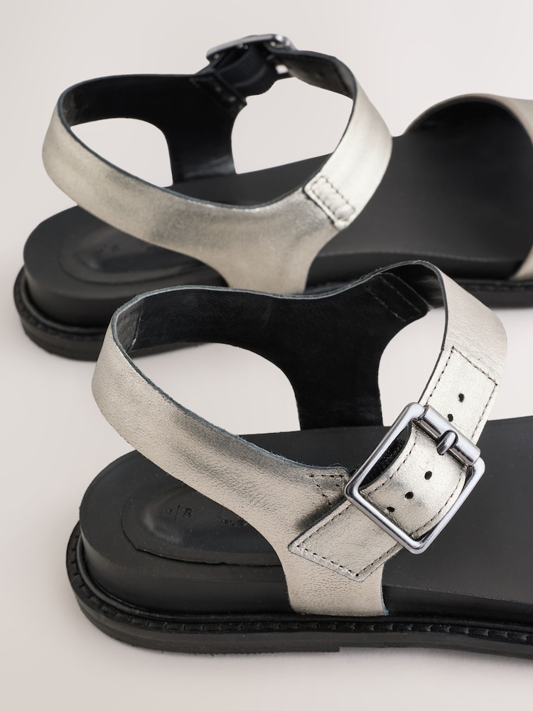 Pewter/Silver Flexi Comfort Round Toe Footbed Buckle Detail Sandals - Image 10 of 10