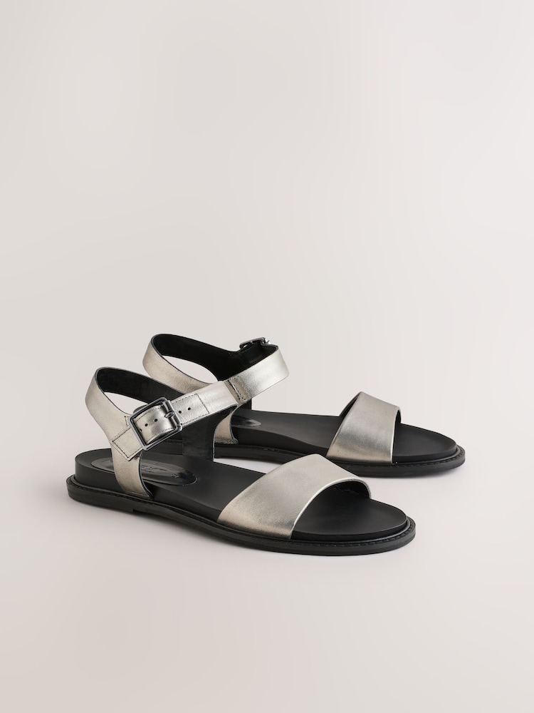 Pewter/Silver Strap Buckle Detail Sandals - Image 2 of 5