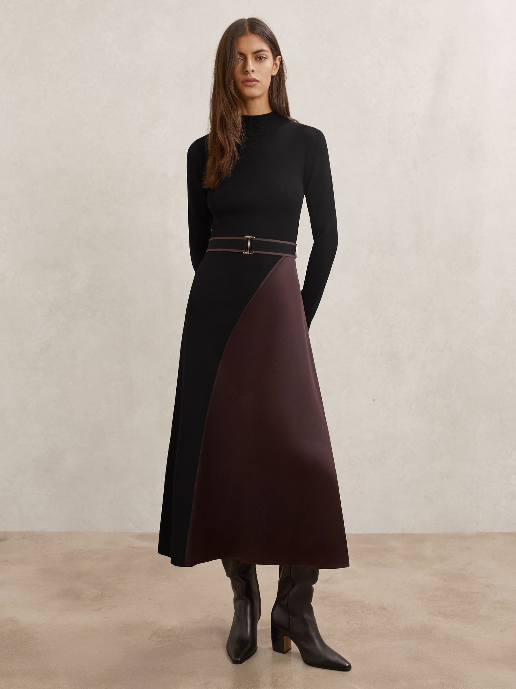 Buy Reiss Black/Burgundy Misty Colour-Block Knitted Midi Dress