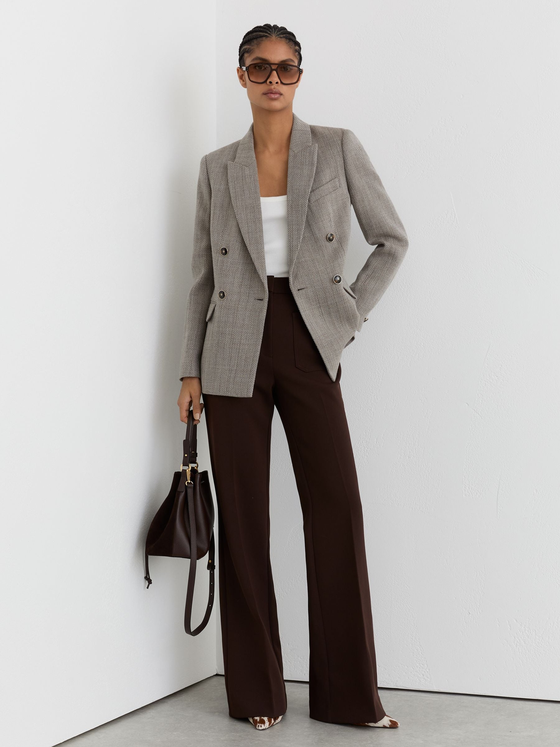 Reiss Grey Ember Petite Herringbone Double-breasted Blazer Wool-cotton