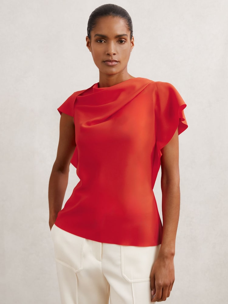 Reiss Orange Natalie Asymmetric Drape-Neck Top - Image 1 of 6 Reiss Orange Natalie Asymmetric Drape-Neck Top - Image 1 of 6
