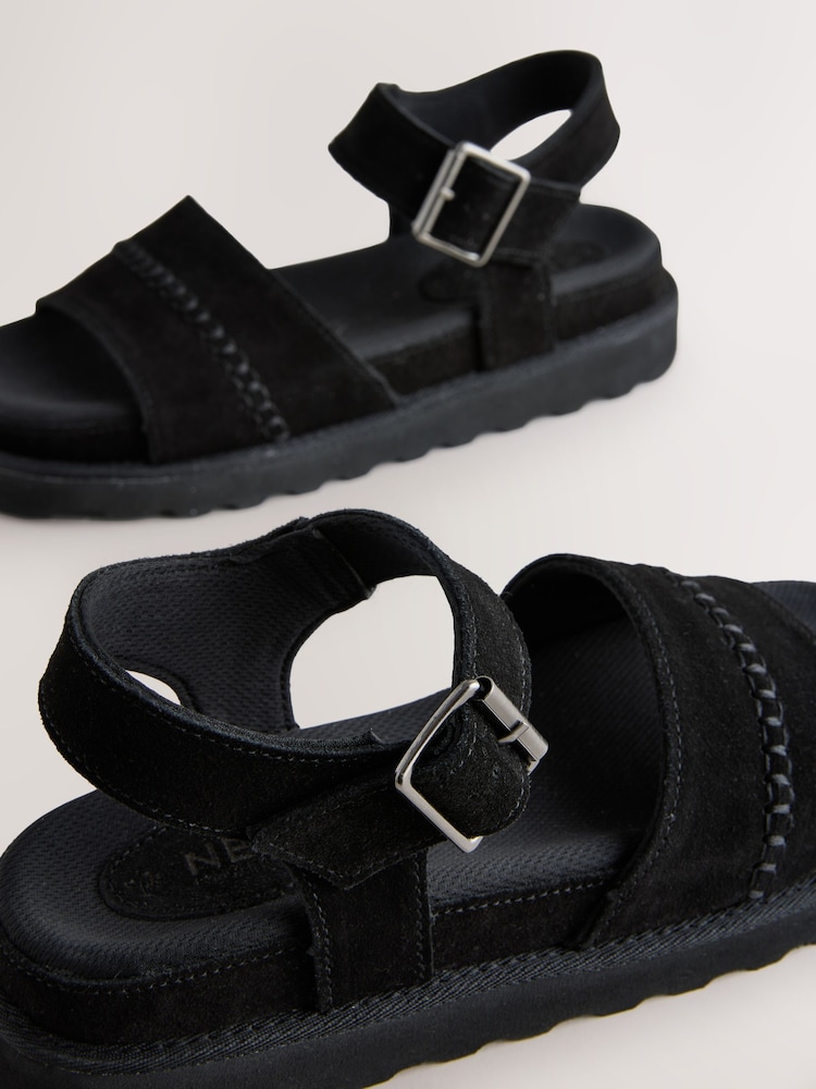 Black Forever Comfort® Round Toe Leather Chunky Flat Form Sandals - Image 10 of 10
