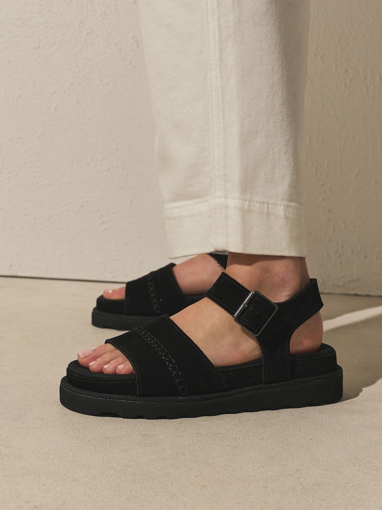 Black Forever Comfort® Round Toe Leather Chunky Flat Form Sandals - Image 2 of 5 Black Forever Comfort® Round Toe Leather Chunky Flat Form Sandals - Image 2 of 5