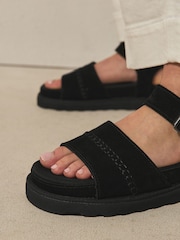 Black Forever Comfort® Round Toe Leather Chunky Flat Form Sandals - Image 4 of 5
